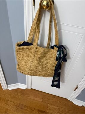 Draper James Straw Tote with Navy Floral Scarf